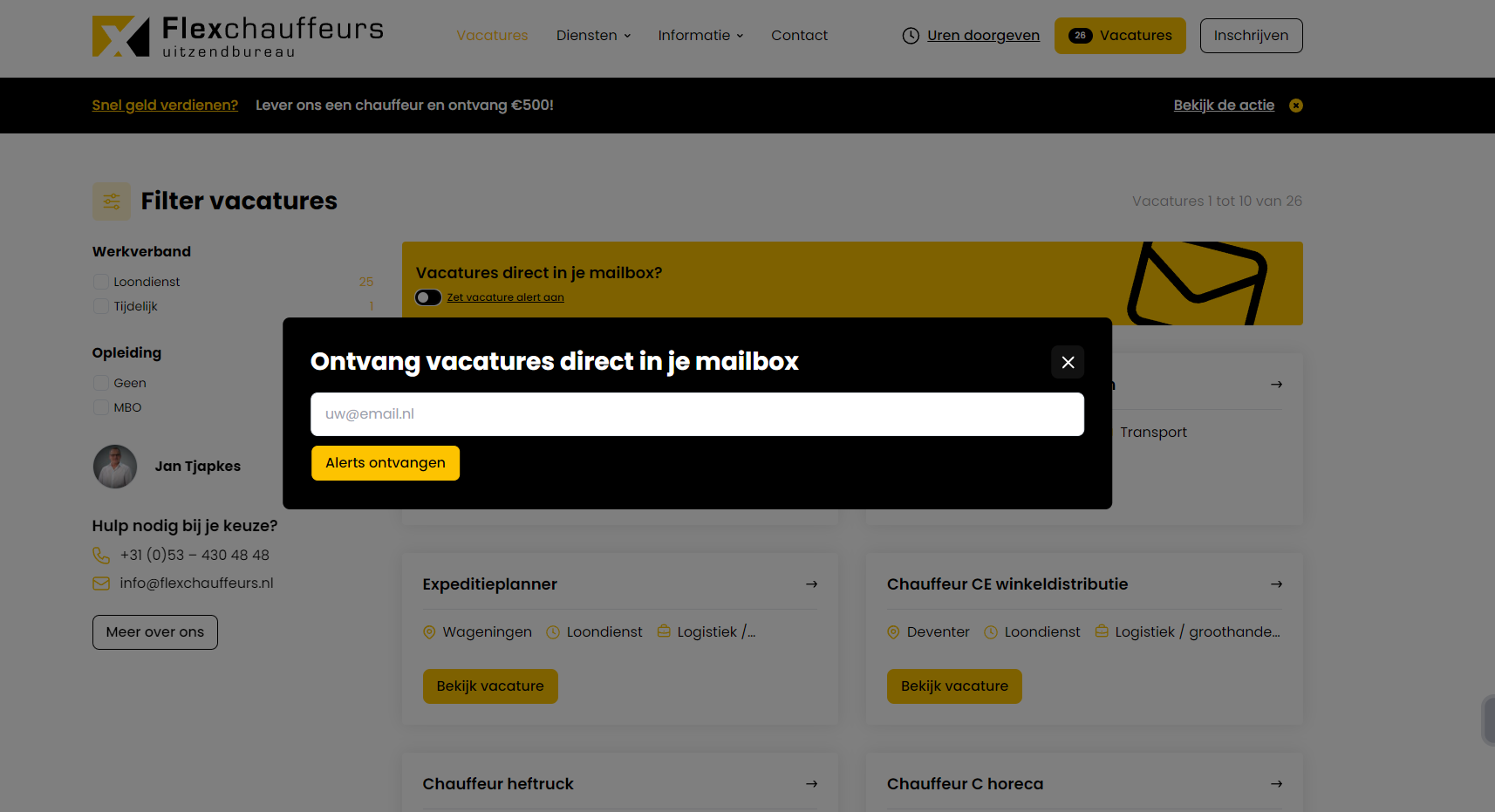 Vacature alert voor werkzoekenden op uitzendbureau website Flexchauffeurs.