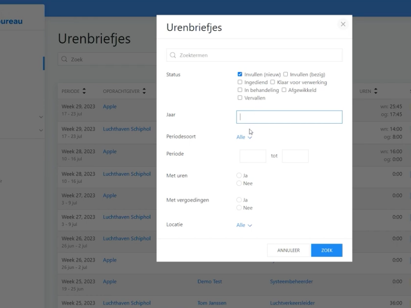 Filteren in de zoekfunctie van onlineUUR, urenregistratie voor uitzendbureaus.