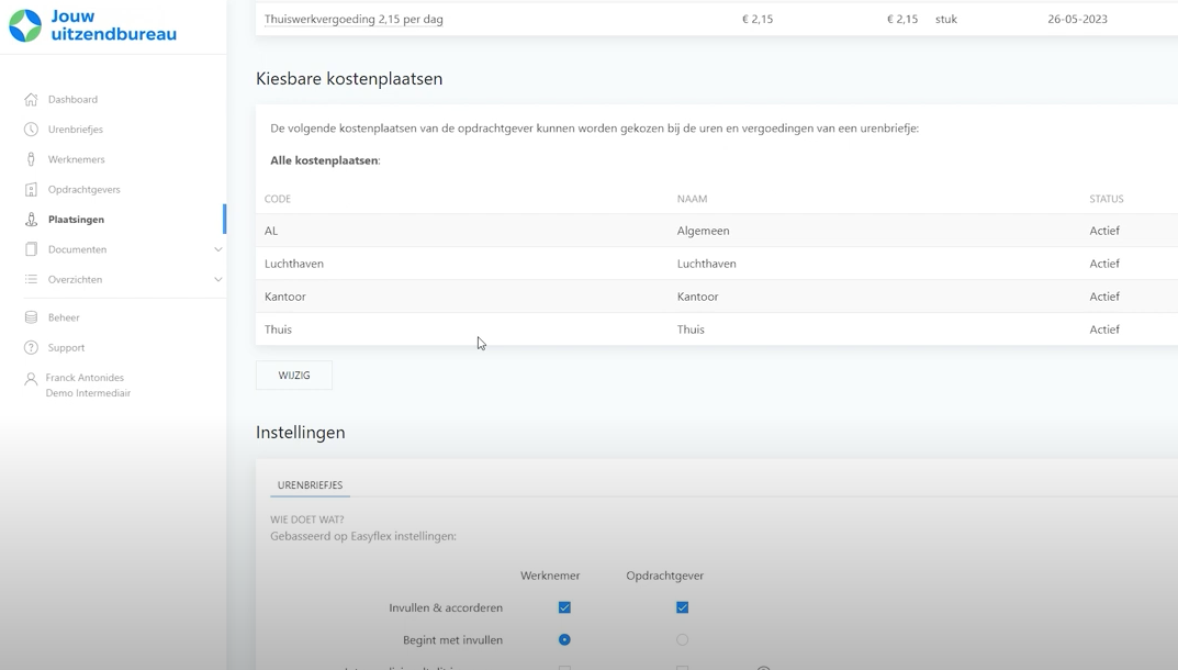 Kostenplaatsen instellen onlineUUR, urenregistratie voor uitzendbureaus.