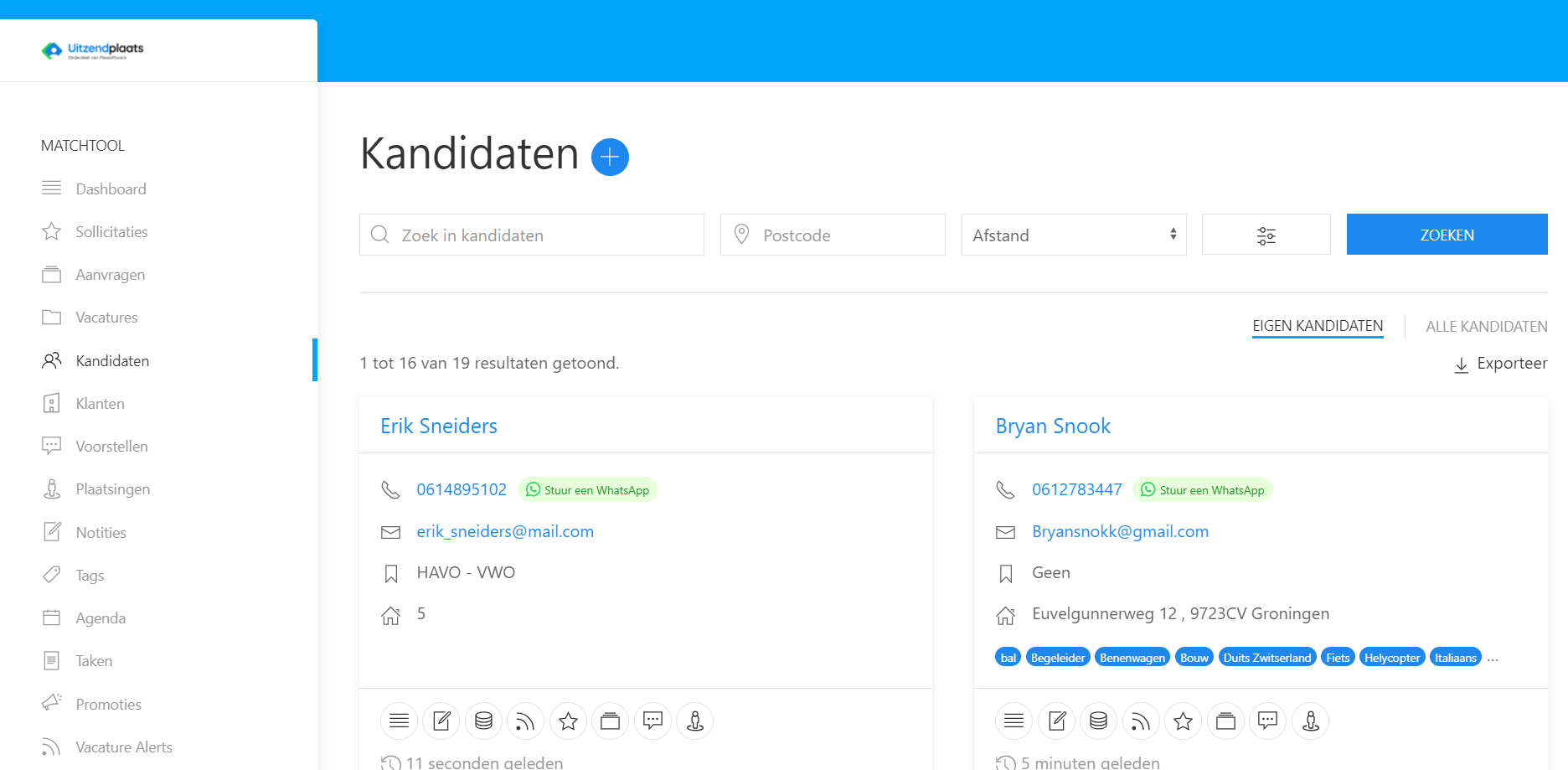 Kandidaten overzicht binnen Uitzendplaats. ATS software voor uitzendbureaus.