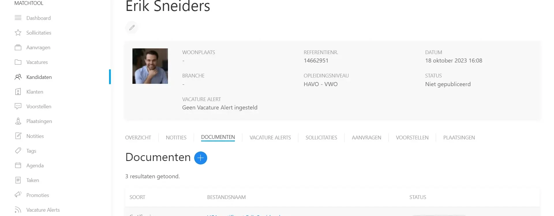 Kandidaat weergave Uitzendplaats, recruitment software voor uitzendbureaus.